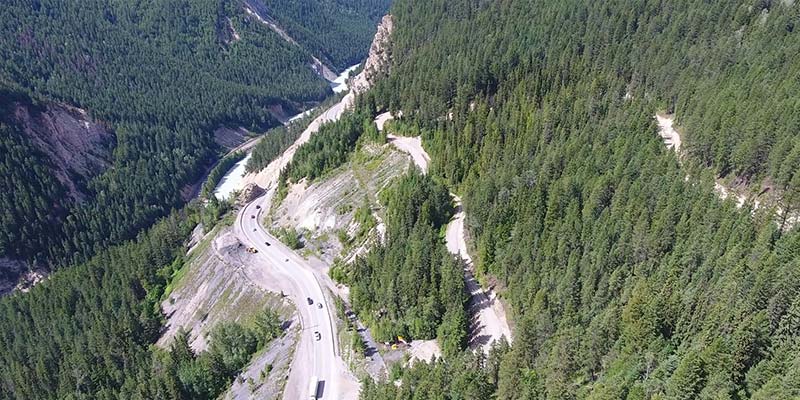 Construction on highway in Kicking Horse Canyon, British Columbia